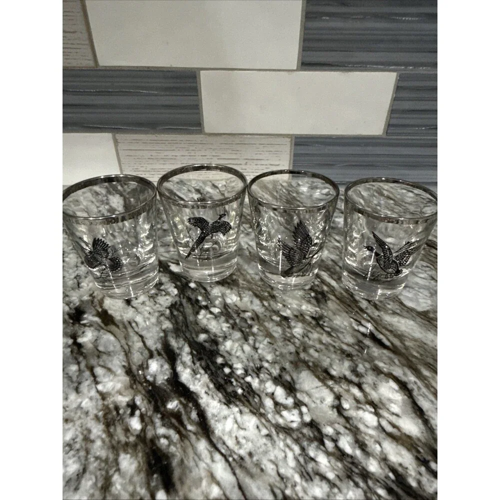VTG Federal Glass Set 4 Goose, Pheasant, Grouse, Canvasback Clear/Black/Silver